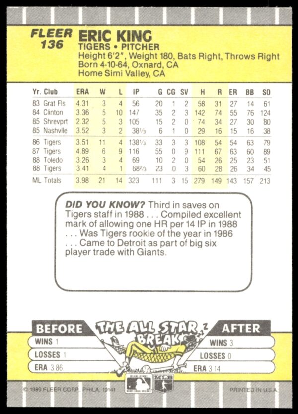 1989 Fleer Eric King #136 (Back)