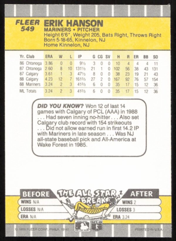 1989 Fleer Erik Hanson #549 (Back)