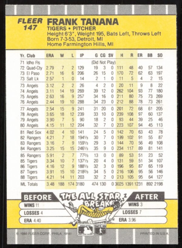 1989 Fleer Frank Tanana #147 (Back)