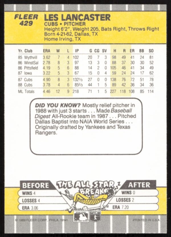 1989 Fleer Les Lancaster #429 (Back)