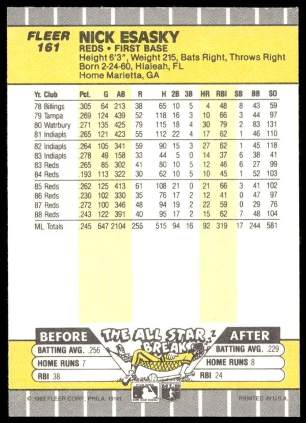 1989 Fleer Nick Esasky #161 (Back)