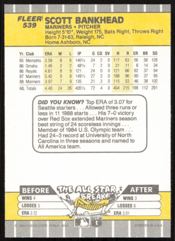 1989 Fleer Scott Bankhead #539 (Back)