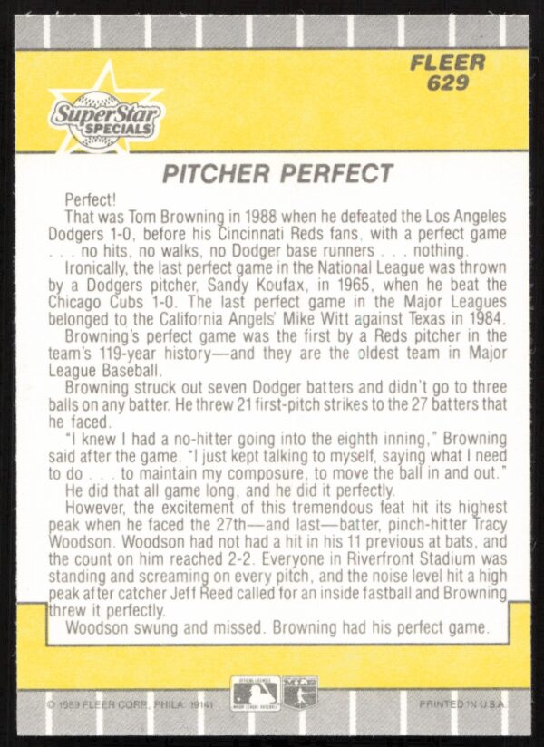 1989 Fleer Tom Browning #629 (Back)