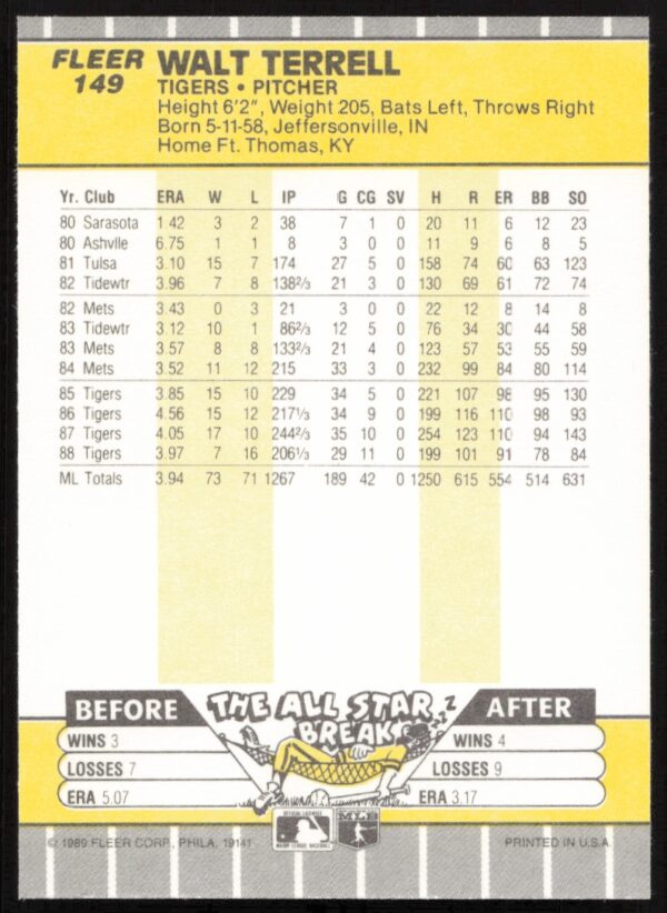 1989 Fleer Walt Terrell #149 (Back)