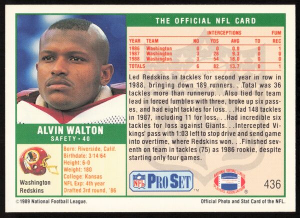 1989 Pro Set Alvin Walton #436 (Back)