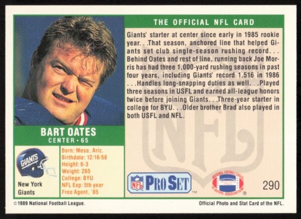 1989 Pro Set Bart Oates #290 (Back)