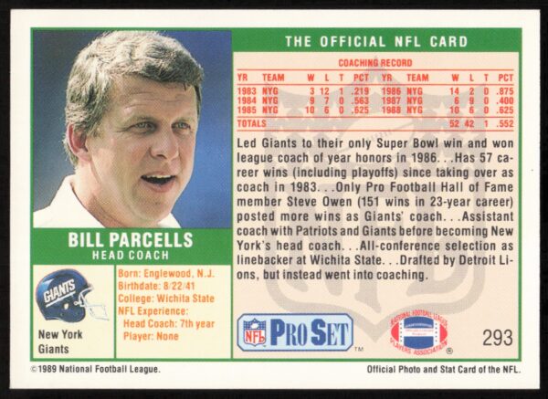 1989 Pro Set Bill Parcells #293 (Back)