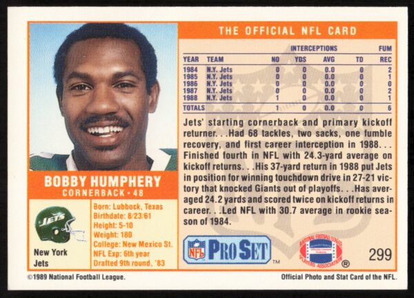 1989 Pro Set Bobby Humphery #299 (Back)