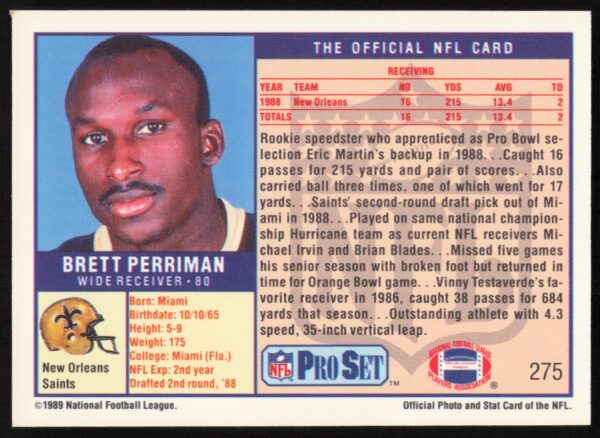 1989 Pro Set Brett Perriman #275 (Back)