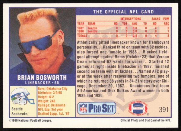 1989 Pro Set Brian Bosworth #391 (Back)