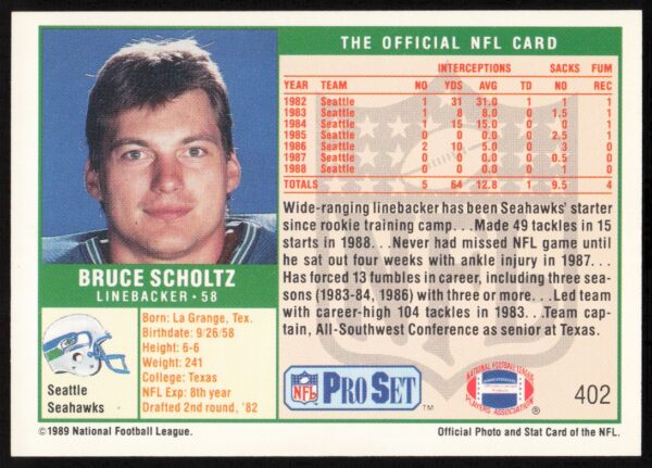 1989 Pro Set Bruce Scholtz #402 (Back)