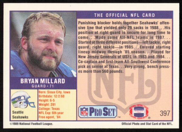 1989 Pro Set Bryan Millard #397 (Back)