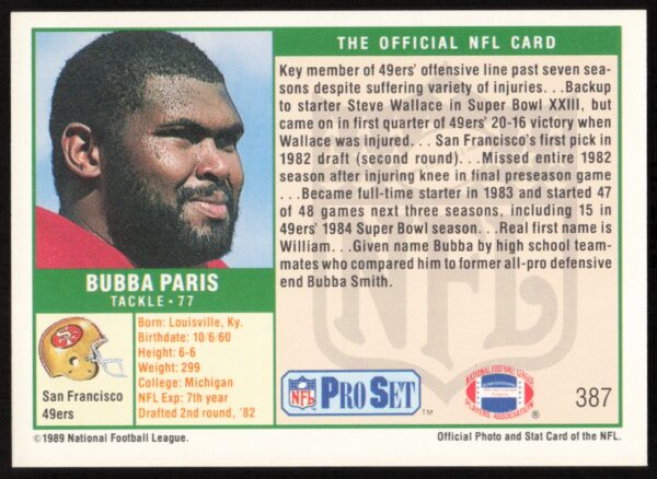 1989 Pro Set Bubba Paris #387 (Back)