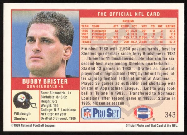 1989 Pro Set Bubby Brister #343 (Back)