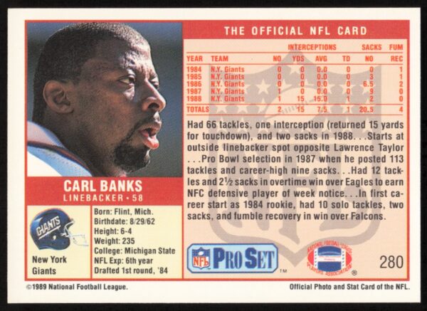 1989 Pro Set Carl Banks #280 (Back)