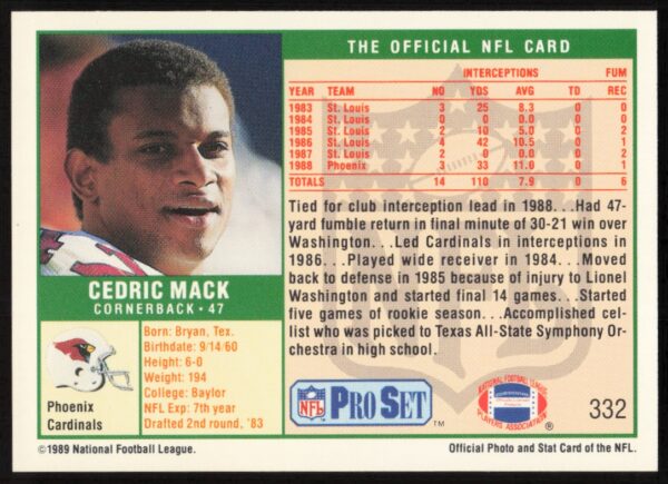 1989 Pro Set Cedric Mack #332 (Back)