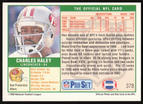 1989 Pro Set Charles Haley #378 (Back)