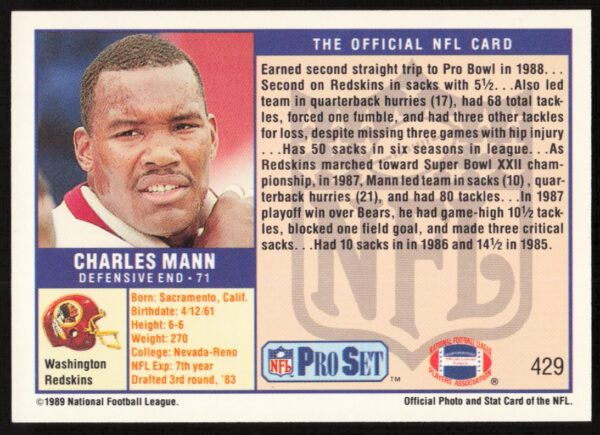 1989 Pro Set Charles Mann #429 (Back)