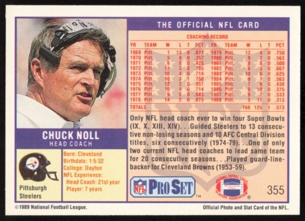 1989 Pro Set Chuck Noll #355 (Back)