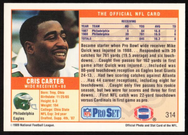 1989 Pro Set Cris Carter #314 (Back)