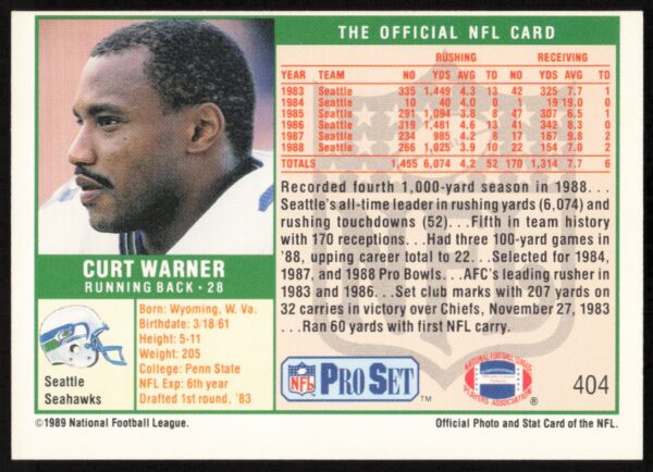 1989 Pro Set Curt Warner #404 (Back)