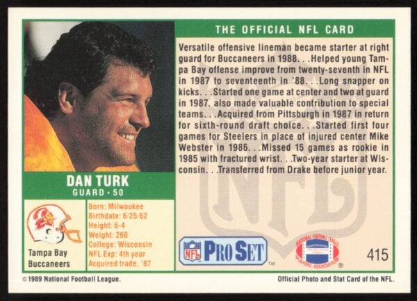 1989 Pro Set Dan Turk #415 (Back)