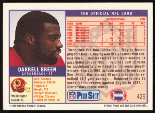 1989 Pro Set Darrell Green #426 (Back)