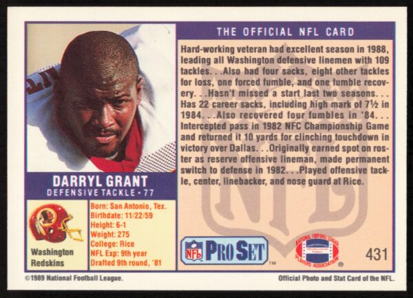 1989 Pro Set Darryl Grant #431 (Back)