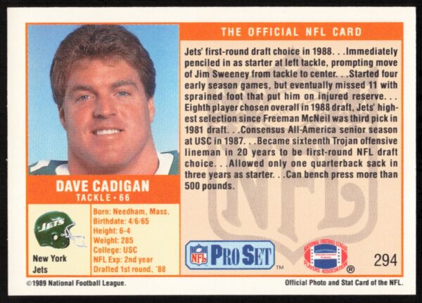 1989 Pro Set Dave Cadigan #294 (Back)