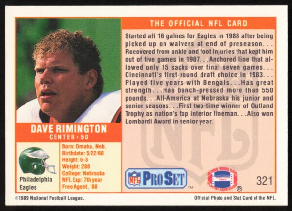 1989 Pro Set Dave Rimington #321 (Back)