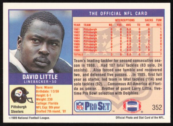 1989 Pro Set David Little #352 (Back)