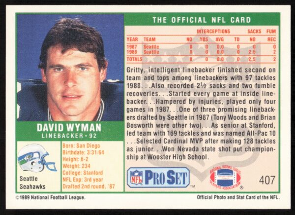 1989 Pro Set David Wyman #407 (Back)