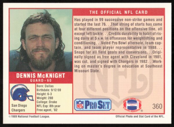 1989 Pro Set Dennis McKnight #360 (Back)