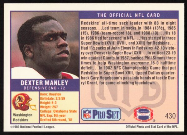 1989 Pro Set Dexter Manley #430 (Back)