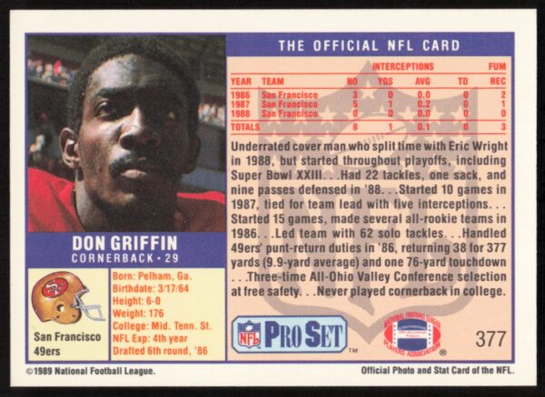 1989 Pro Set Don Griffin #377 (Back)