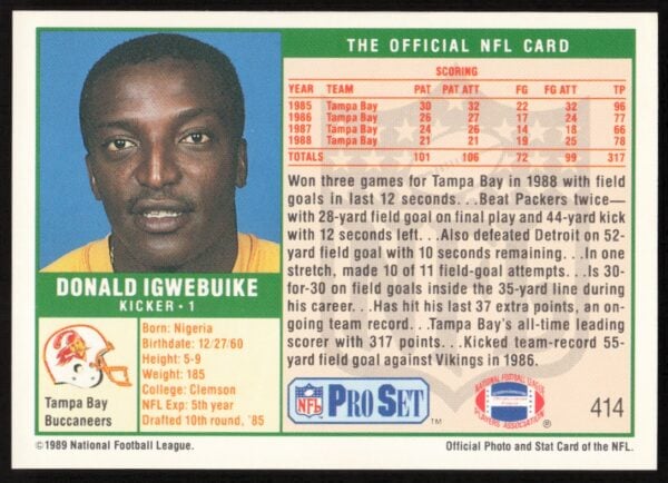 1989 Pro Set Donald Igwebuike #414 (Back)