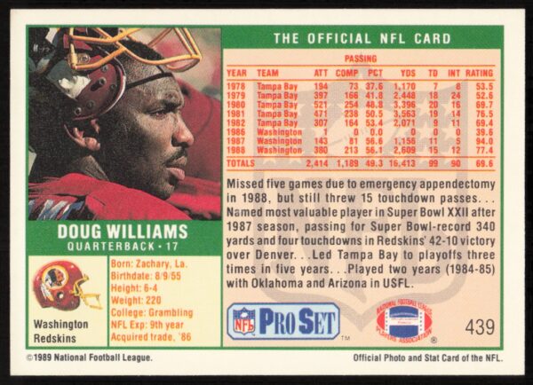 1989 Pro Set Doug Williams #439 (Back)