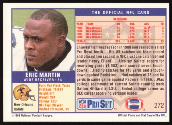 1989 Pro Set Eric Martin #272 (Back)