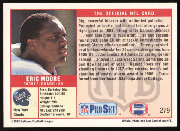 1989 Pro Set Eric Moore #279 (Back)