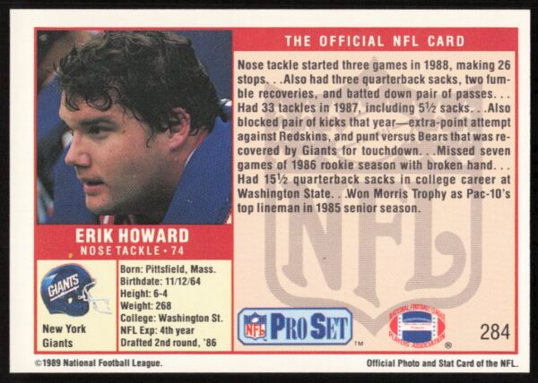 1989 Pro Set Erik Howard #284 (Back)