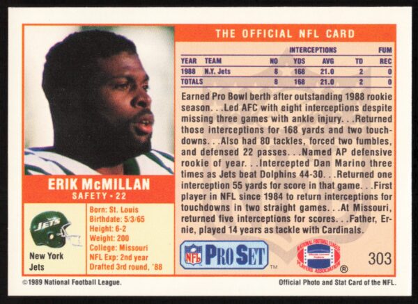 1989 Pro Set Erik McMillan #303 (Back)