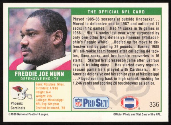 1989 Pro Set Freddie Joe Nunn #336 (Back)