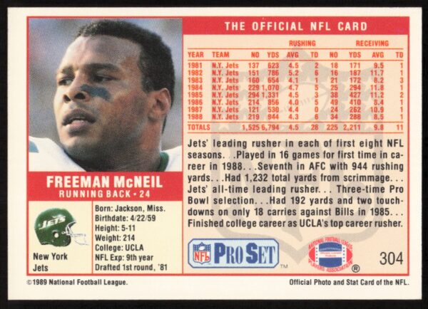 1989 Pro Set Freeman McNeil #304 (Back)