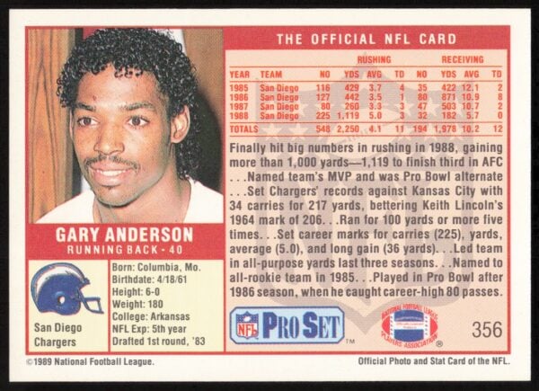 1989 Pro Set Gary Anderson #356 (Back)