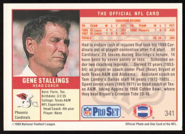 1989 Pro Set Gene Stallings #341 (Back)