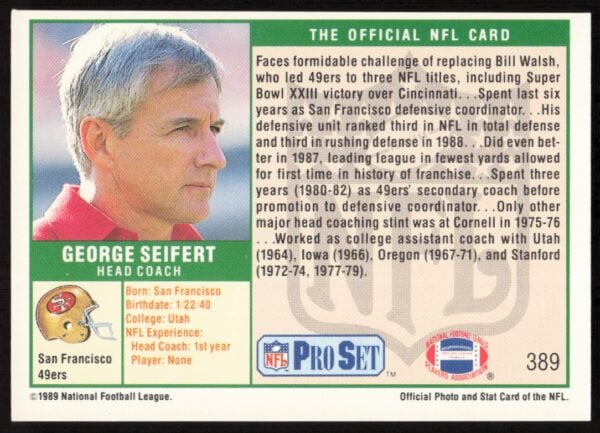 1989 Pro Set George Seifert #389 (Back)