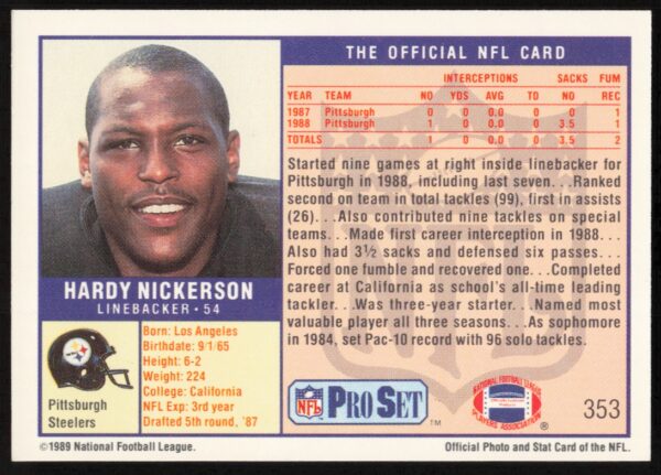 1989 Pro Set Hardy Nickerson #353 (Back)