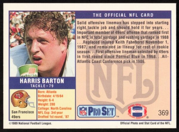 1989 Pro Set Harris Barton #369 (Back)