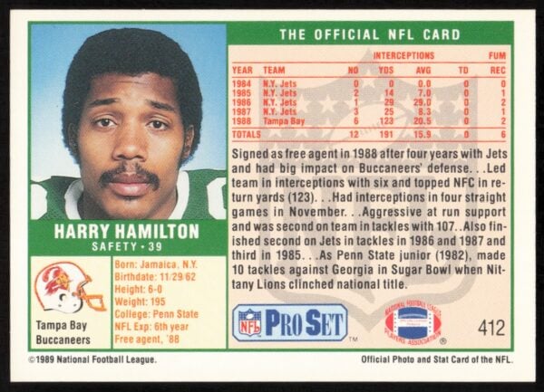 1989 Pro Set Harry Hamilton #412 (Back)