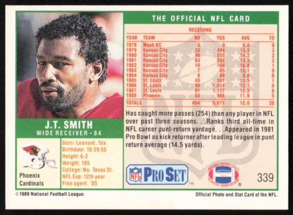 1989 Pro Set J.T. Smith #339 (Back)